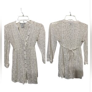 2989) American Rag Cie Ivory Lacy Button Up 3/4 Sleeve See Through Top Small